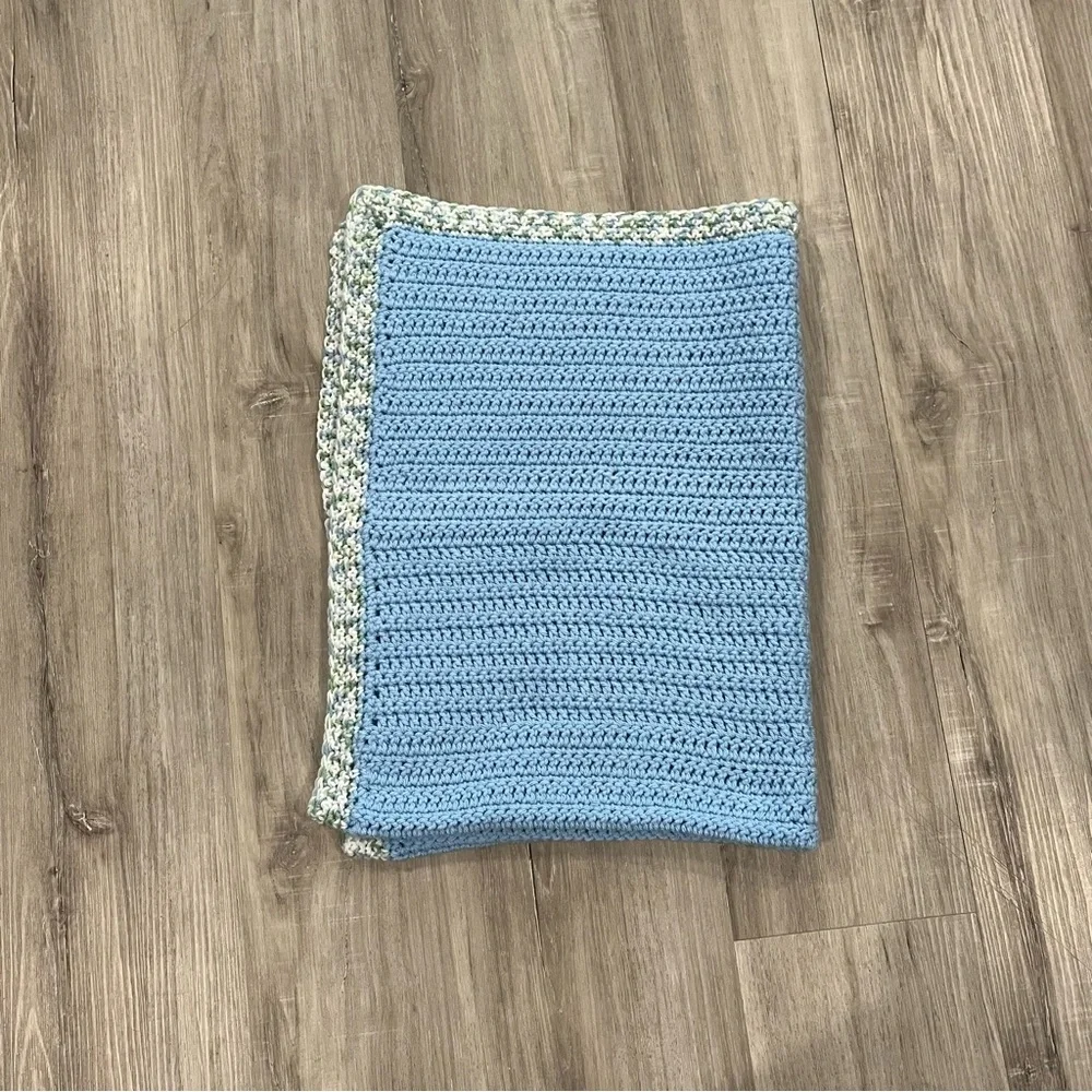 New Handmade Crochet Blue Blanket with Cute Variegated Border